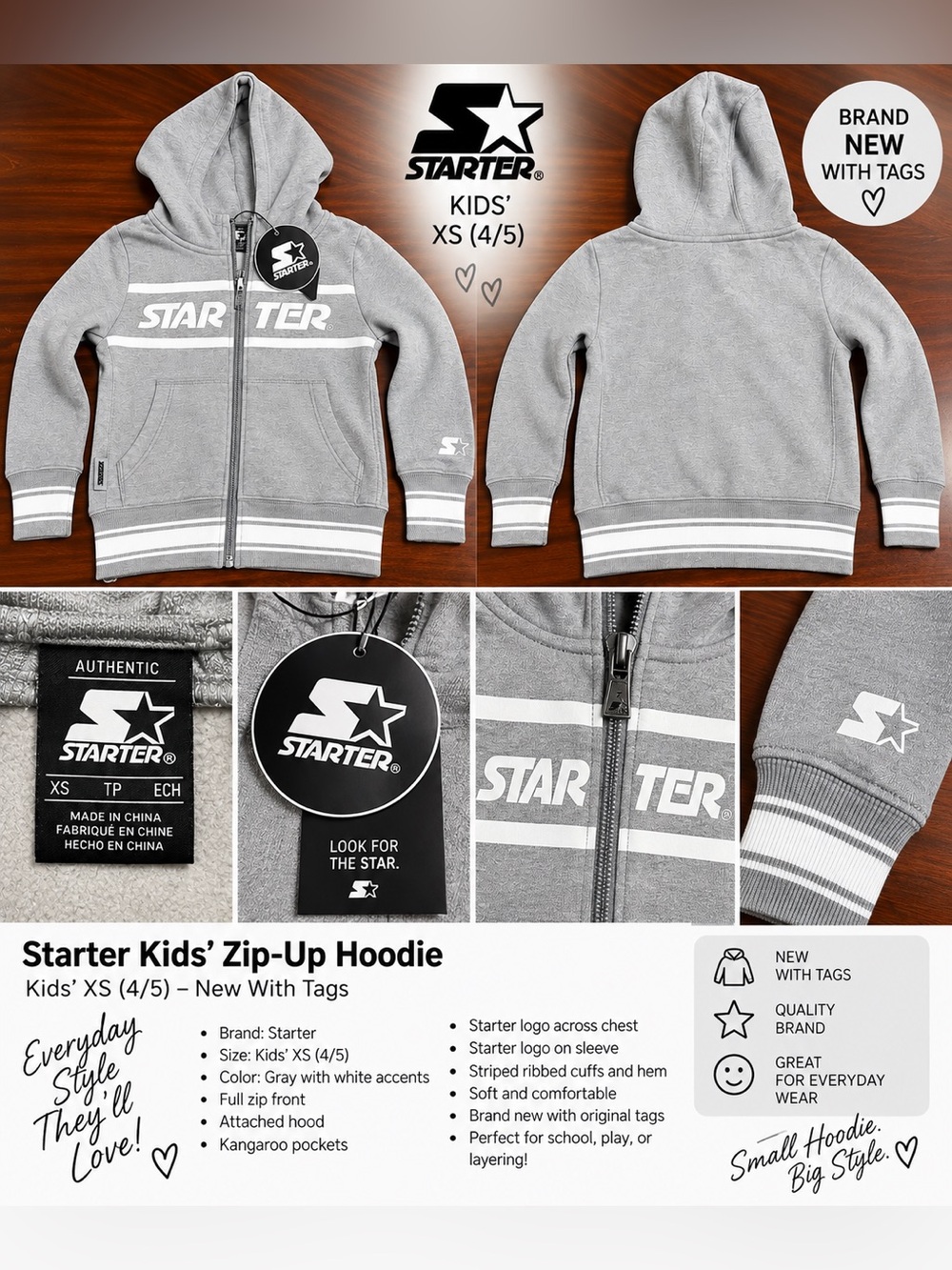 ⭐ Starter Kids’ Zip-Up Hoodie – XS (4/5) – NWT